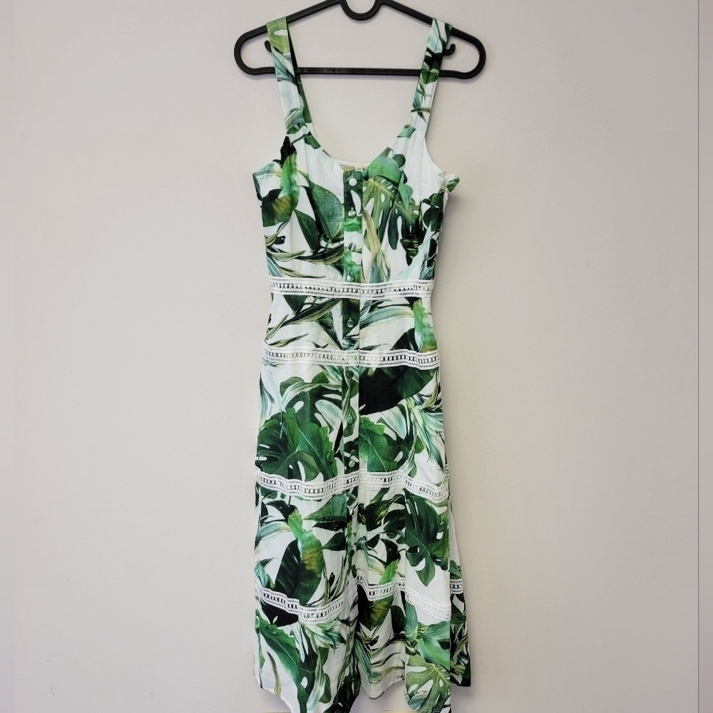Gianni Bini Monica Palm Leaves Cotton midi dress Ivory Green 0 - Picture 3 of 11